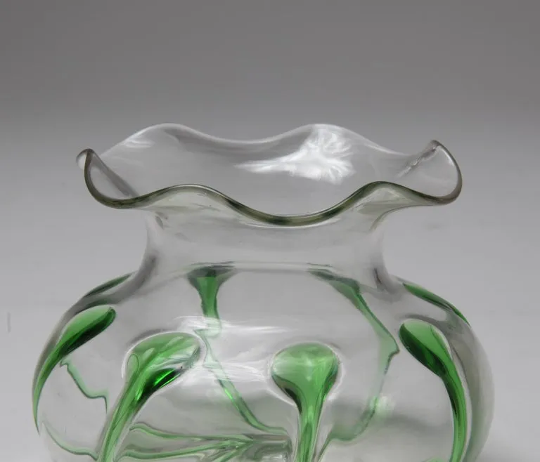 Art Nouveau Style Glass Bowl with Green Accents