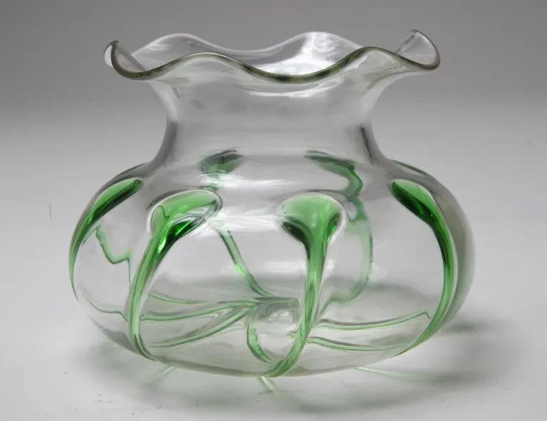 Art Nouveau Style Glass Bowl with Green Accents