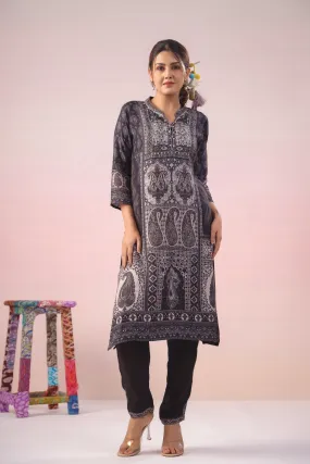 Black Traditional Printed Dola Silk Pants Set