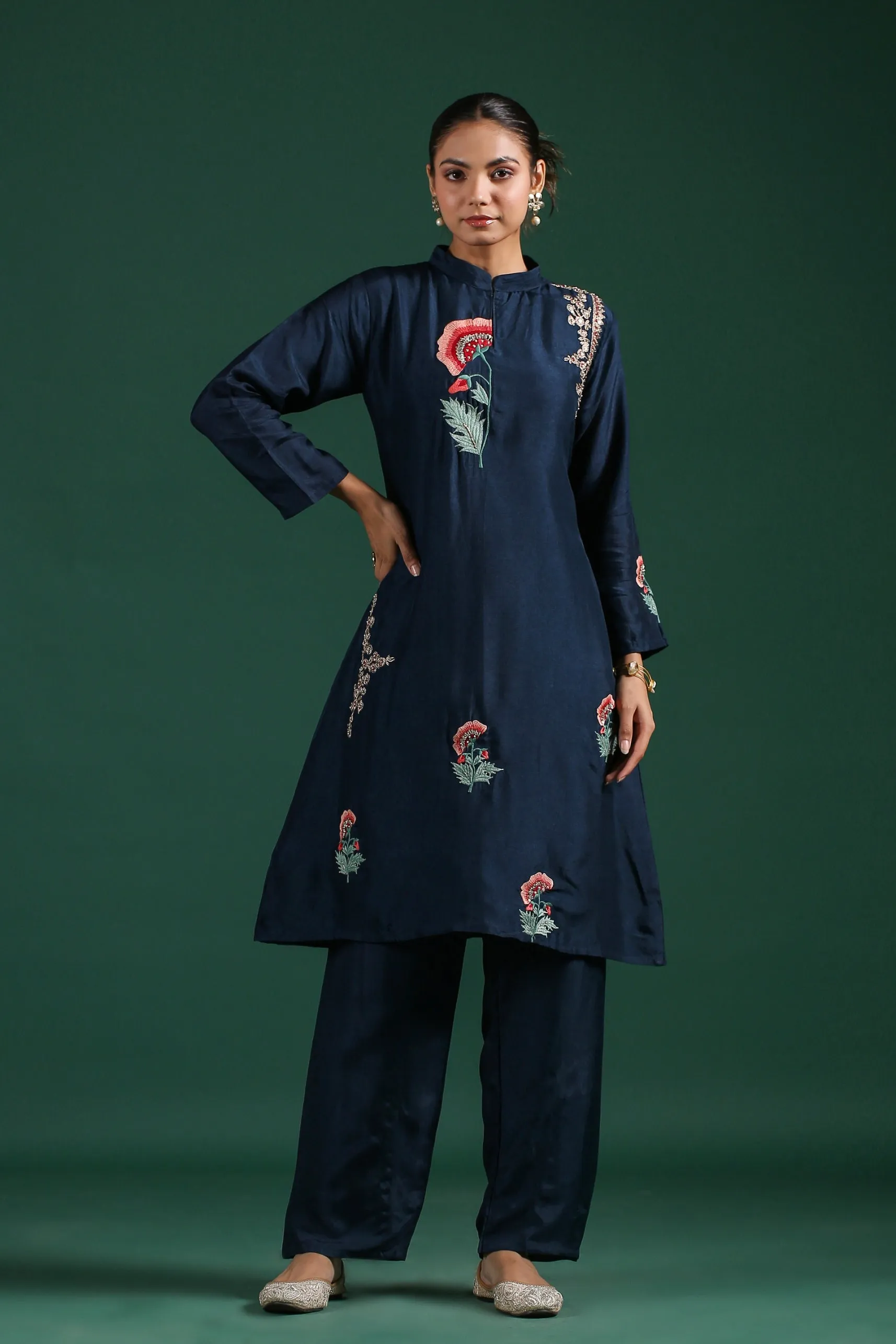 Blue Embroidered Dola Silk Pants Set