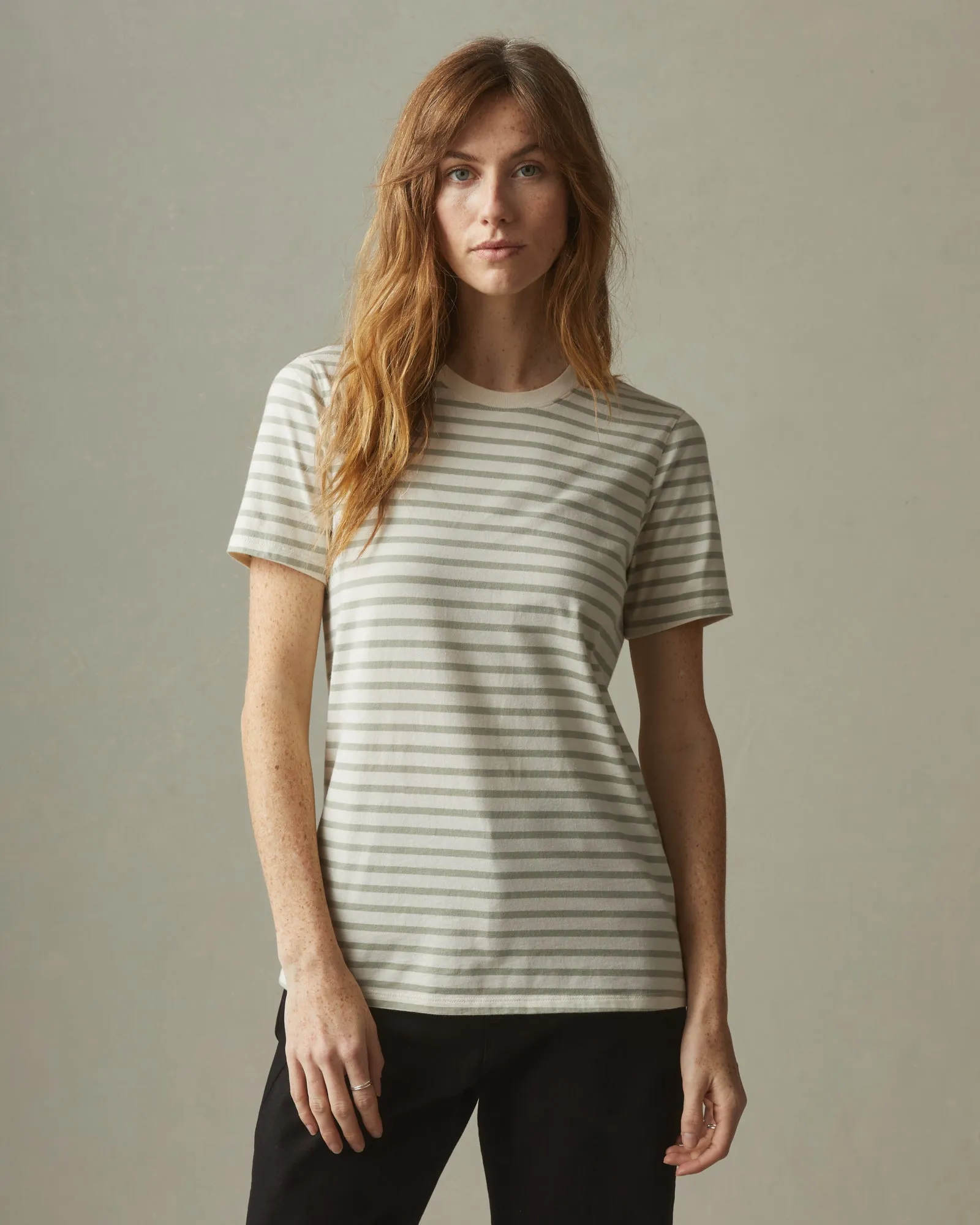 Classic Cotton Crew Tee Striped - Turtledove/Eucalyptus