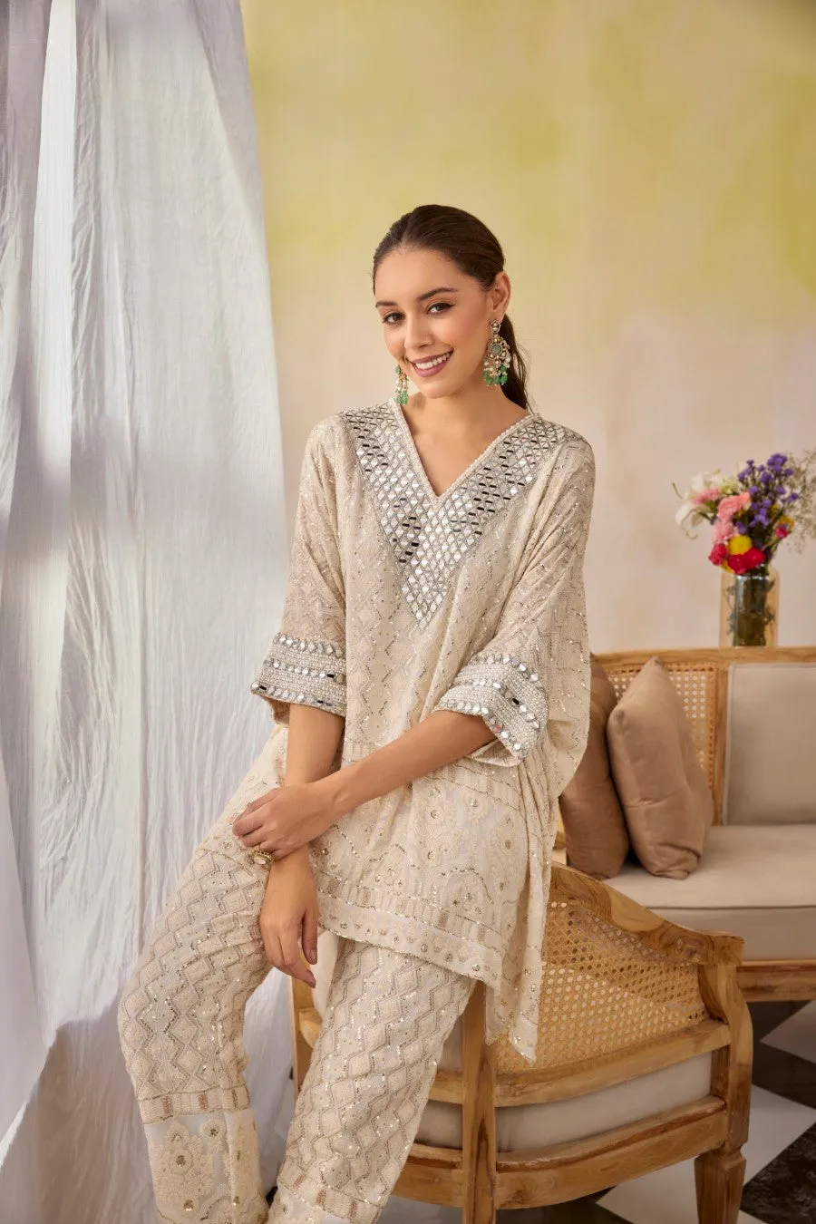 Chic Cream Chikankari Embroidered Kaftan and Tunic Co-Ord Set for Effortless Style