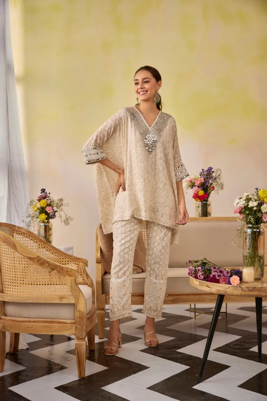 Chic Cream Chikankari Embroidered Kaftan and Tunic Co-Ord Set for Effortless Style