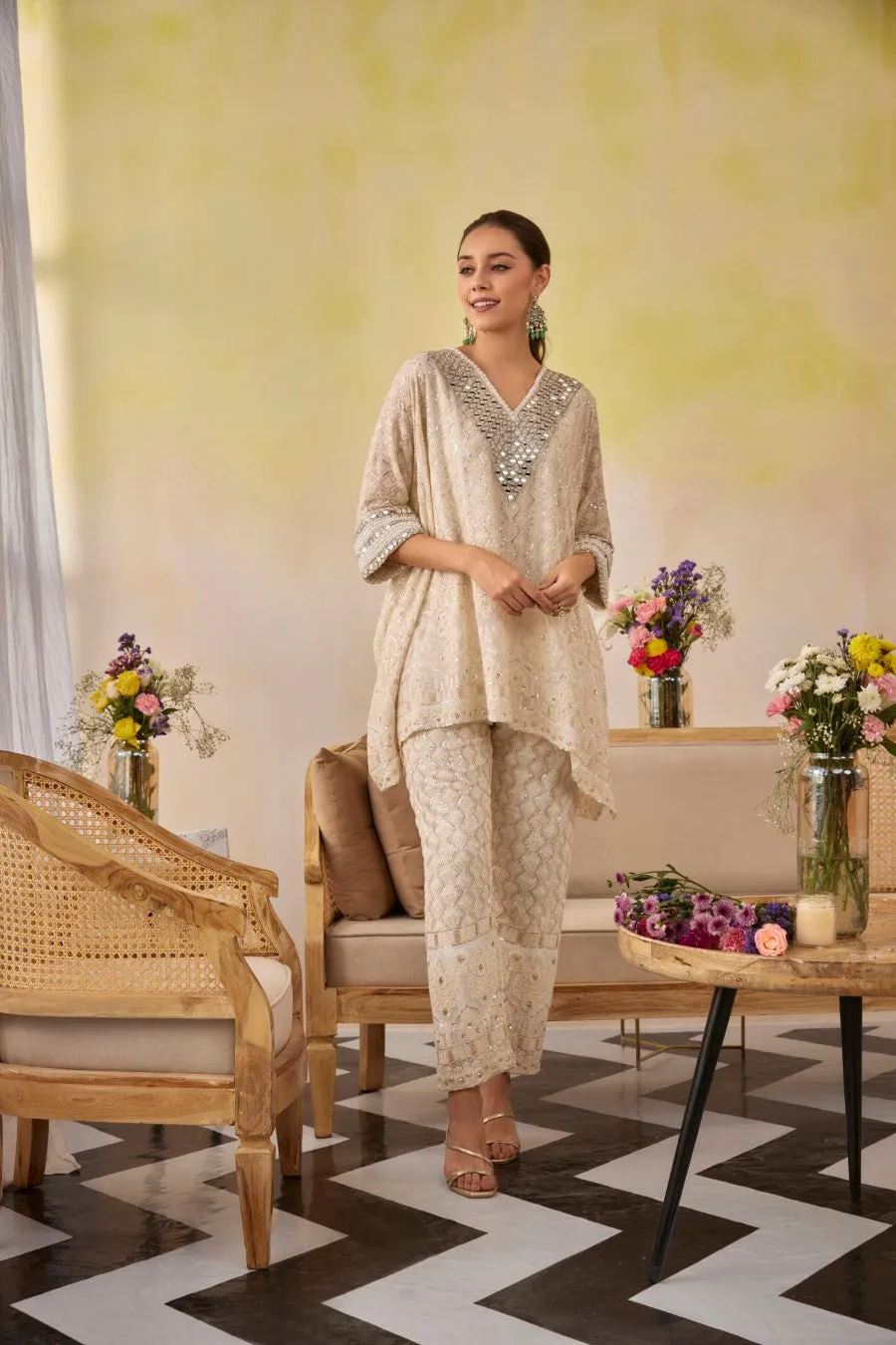 Chic Cream Chikankari Embroidered Kaftan and Tunic Co-Ord Set for Effortless Style