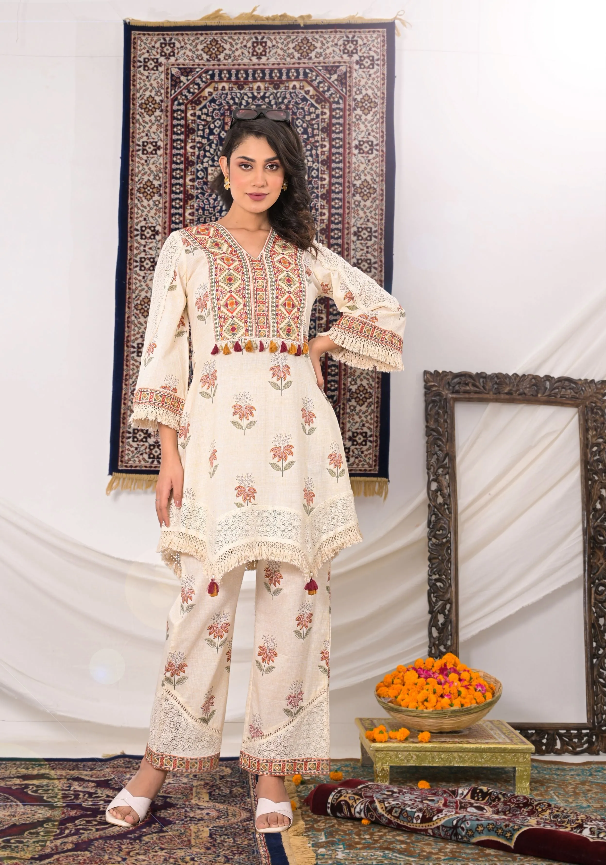 Cream Embroidered Cotton Silk Kurta & Pants Set