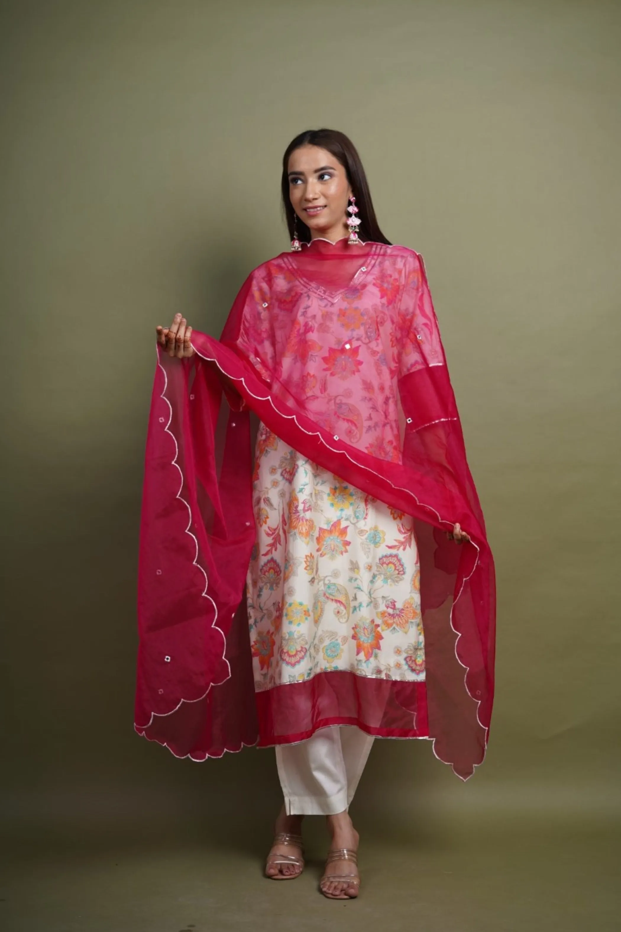 Cream Floral Italian Silk Embellished Kurta Set