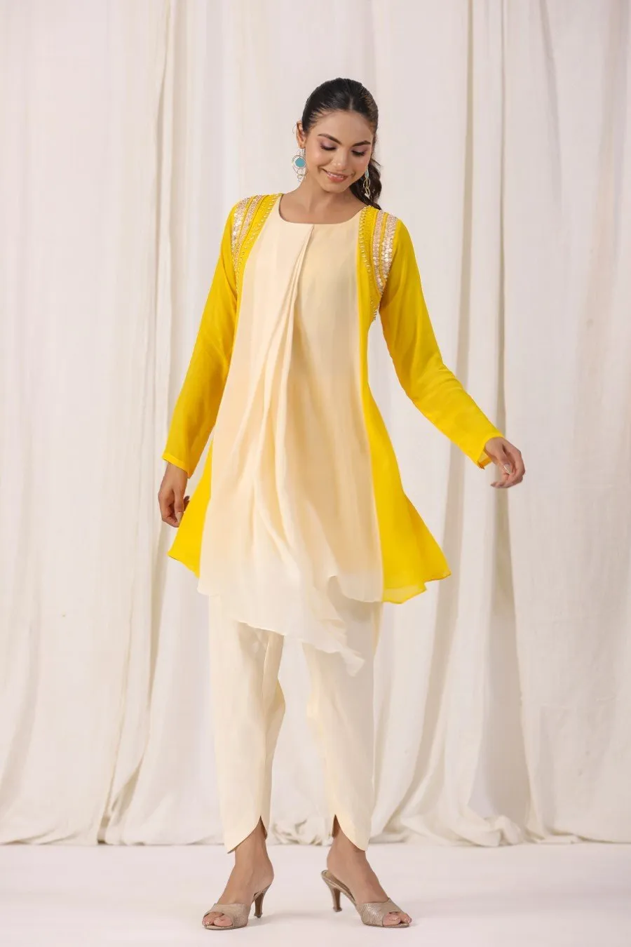 Cream Georgette Silk Embellished Tunic with Dhoti Pants