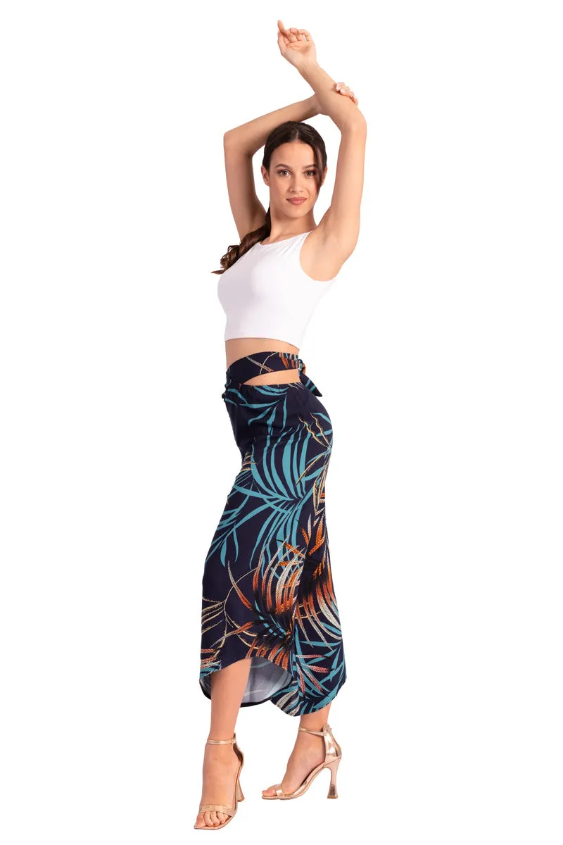 Dark Blue Waist Tie Tropical Print Asymmetric Cropped Pants