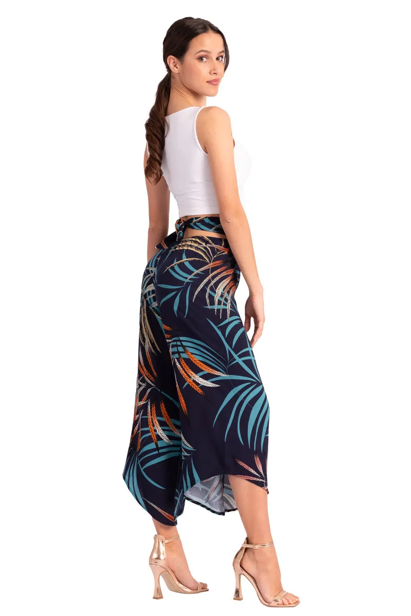 Dark Blue Waist Tie Tropical Print Asymmetric Cropped Pants