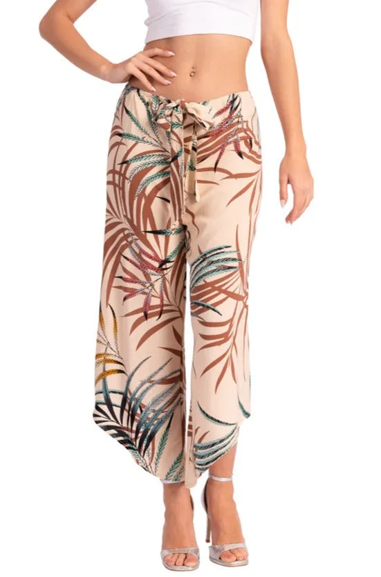 Dark Blue Waist Tie Tropical Print Asymmetric Cropped Pants