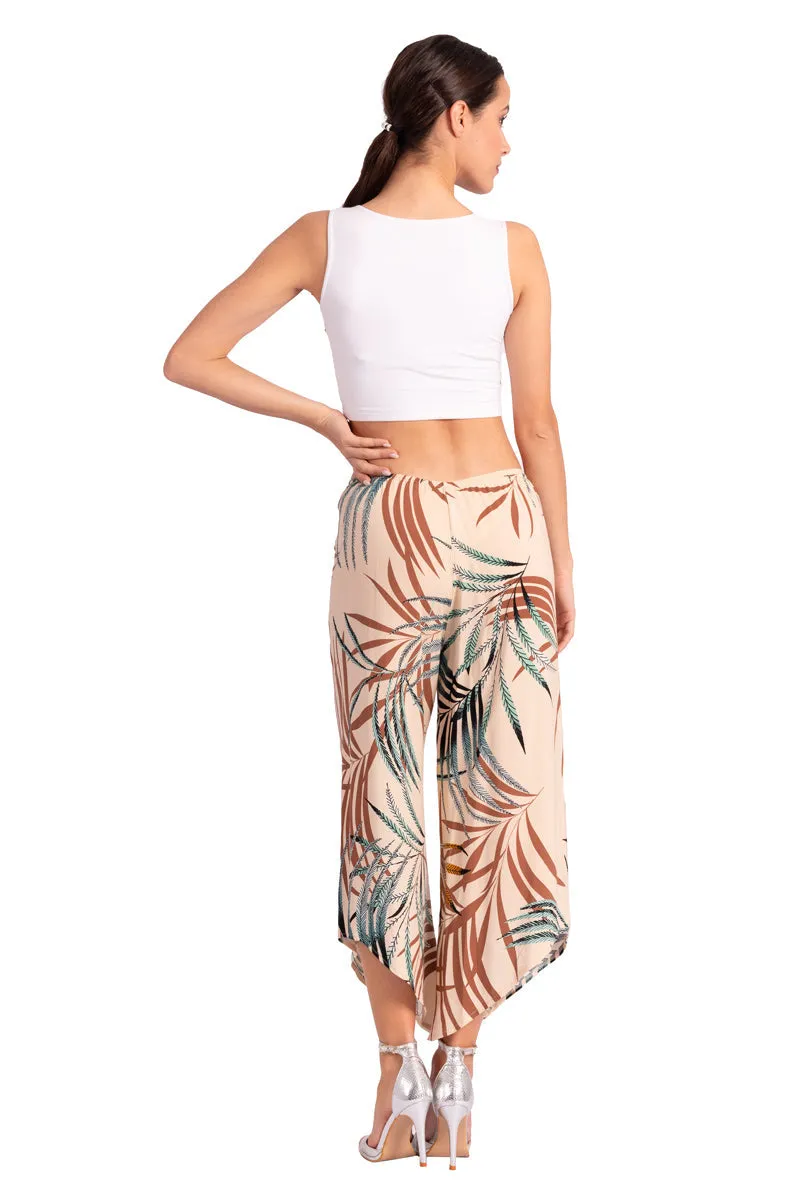 Dark Blue Waist Tie Tropical Print Asymmetric Cropped Pants