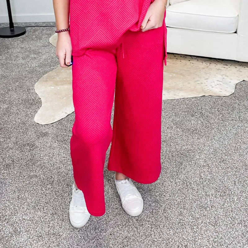 Deep Pink Textured Cropped Wide Leg Pants