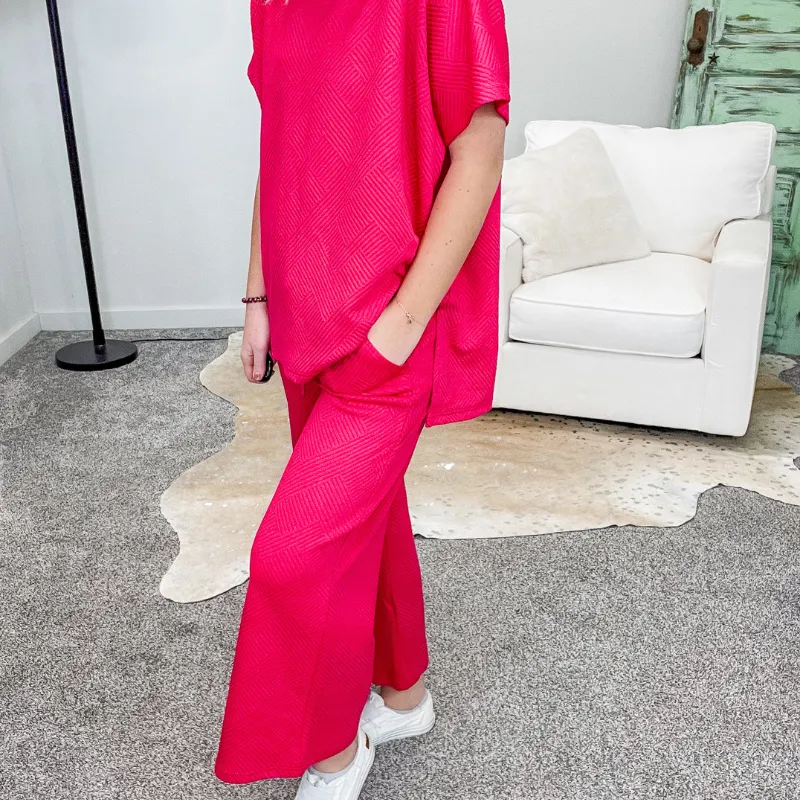 Deep Pink Textured Cropped Wide Leg Pants