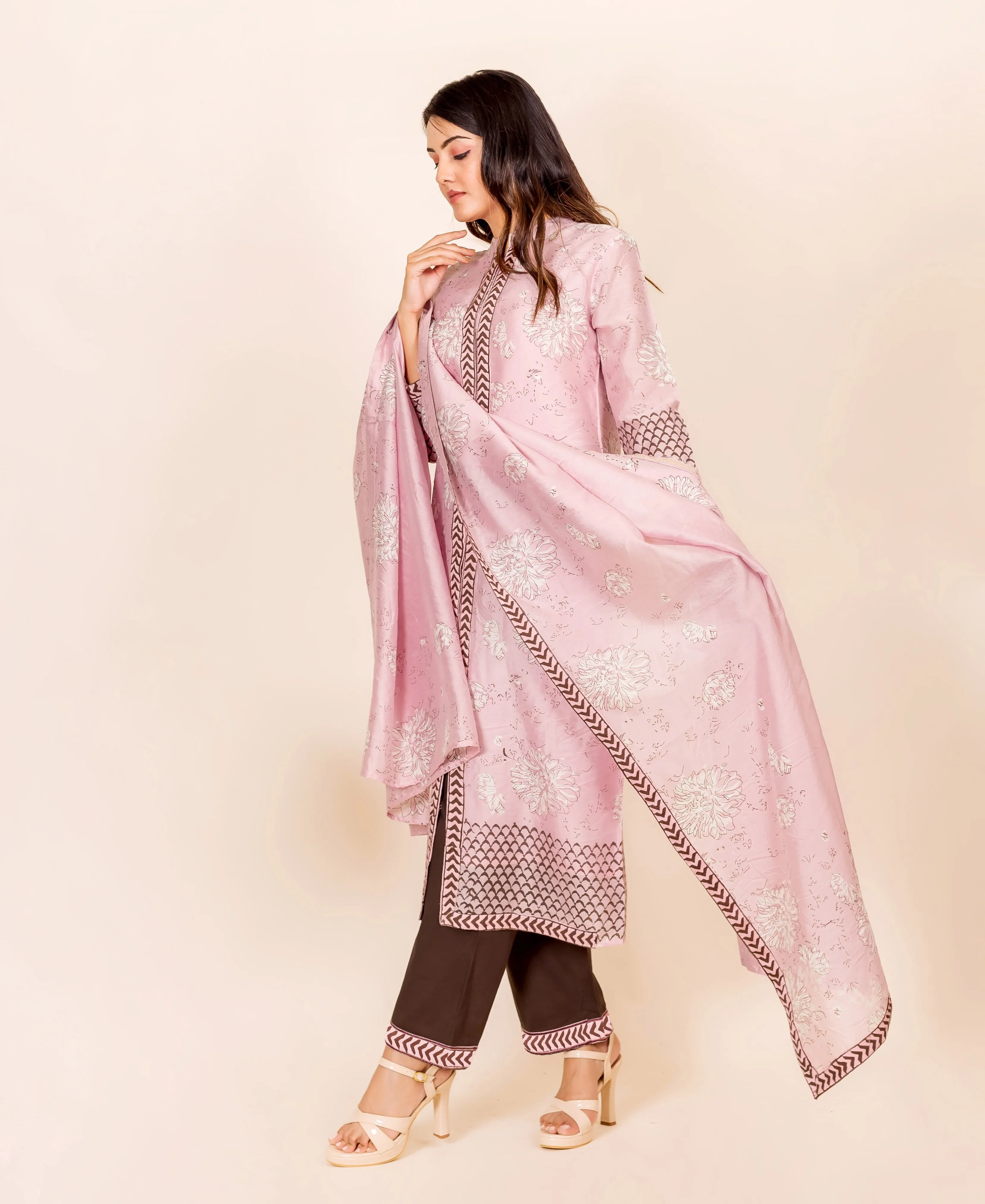 Devina Blush Pink Hand Block Printed Chanderi Kurta