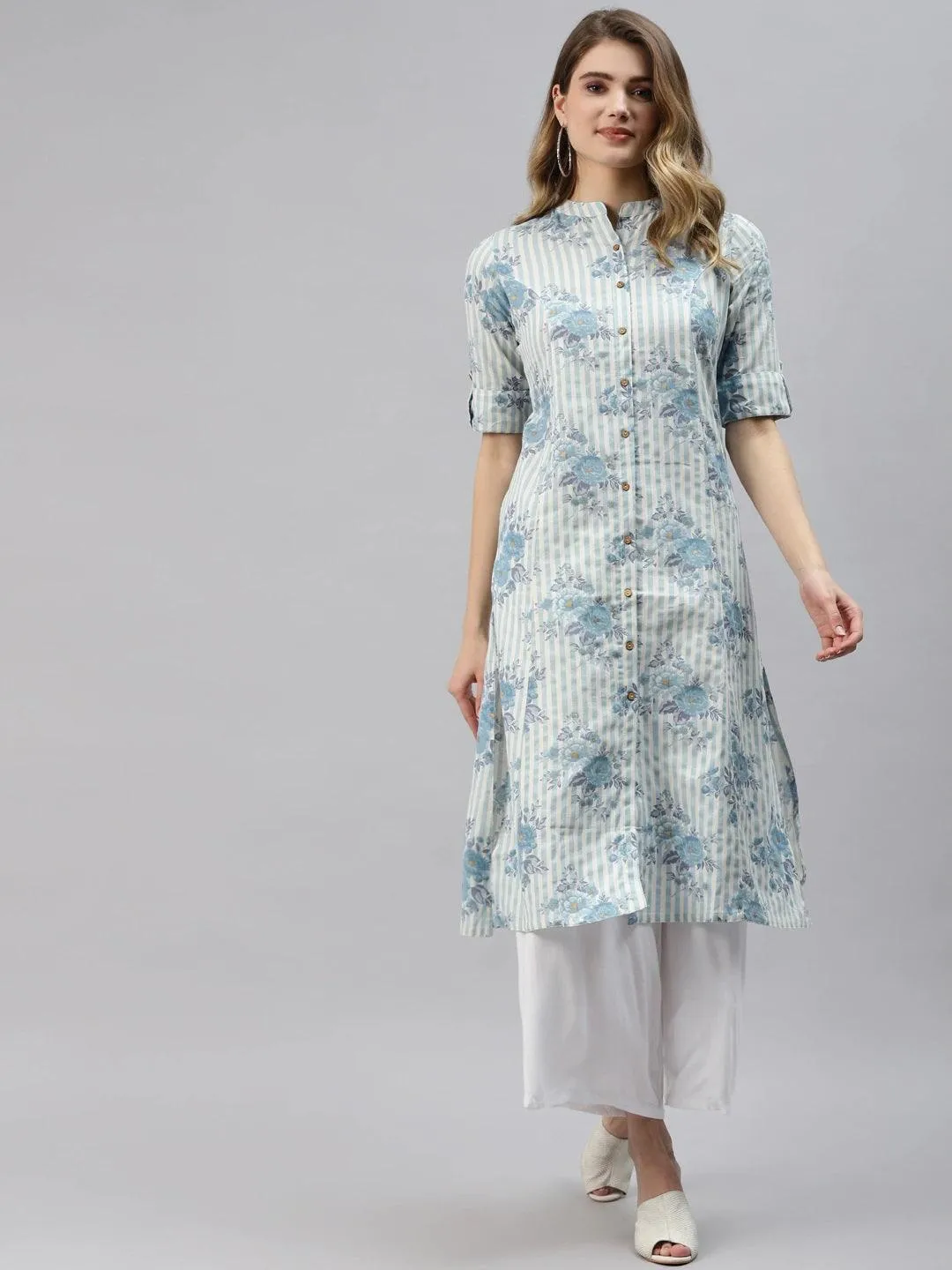 Divena Off White And Blue Floral Printed Cotton A-Line Kurta