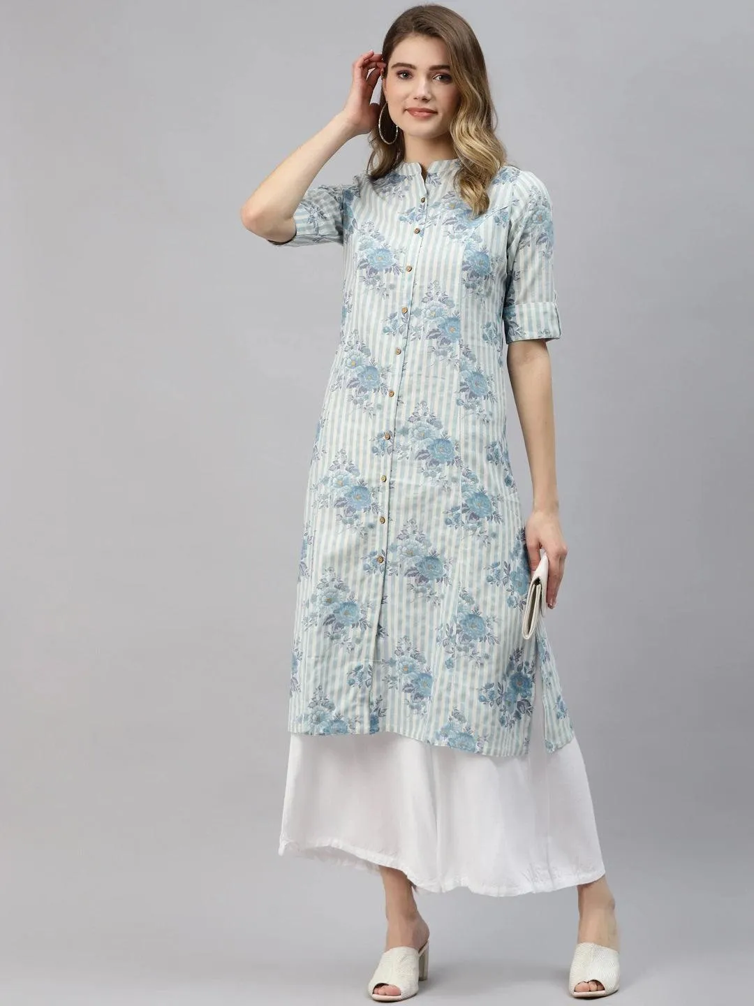 Divena Off White And Blue Floral Printed Cotton A-Line Kurta