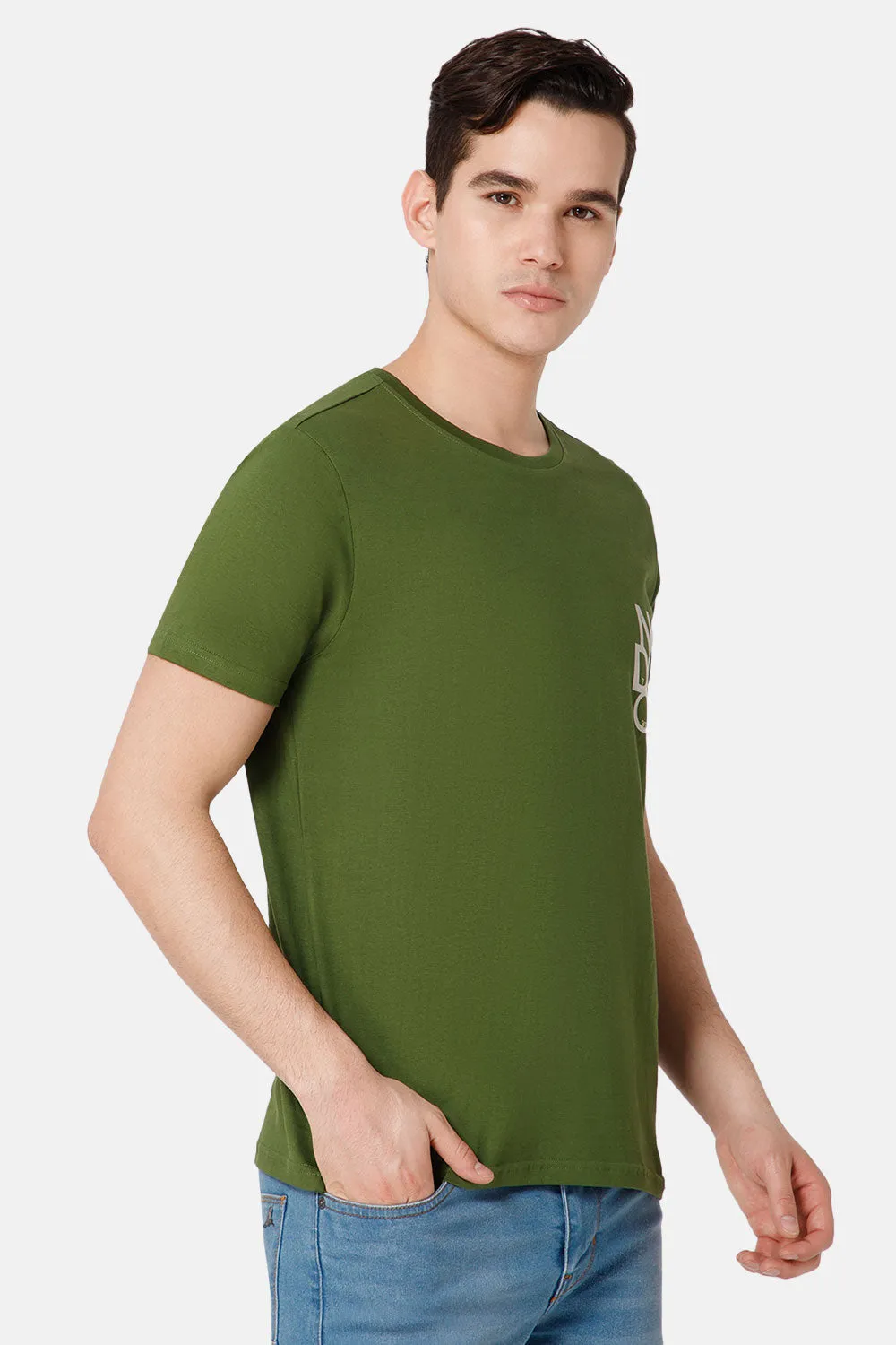 Enhance Printed Crew Neck Men's Casual T-Shirts - Olive - TS14