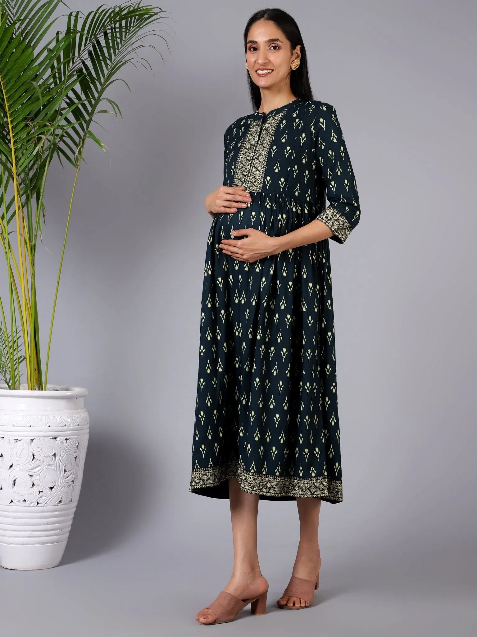 Evergreen Elegance Maternity Dress with Pocket