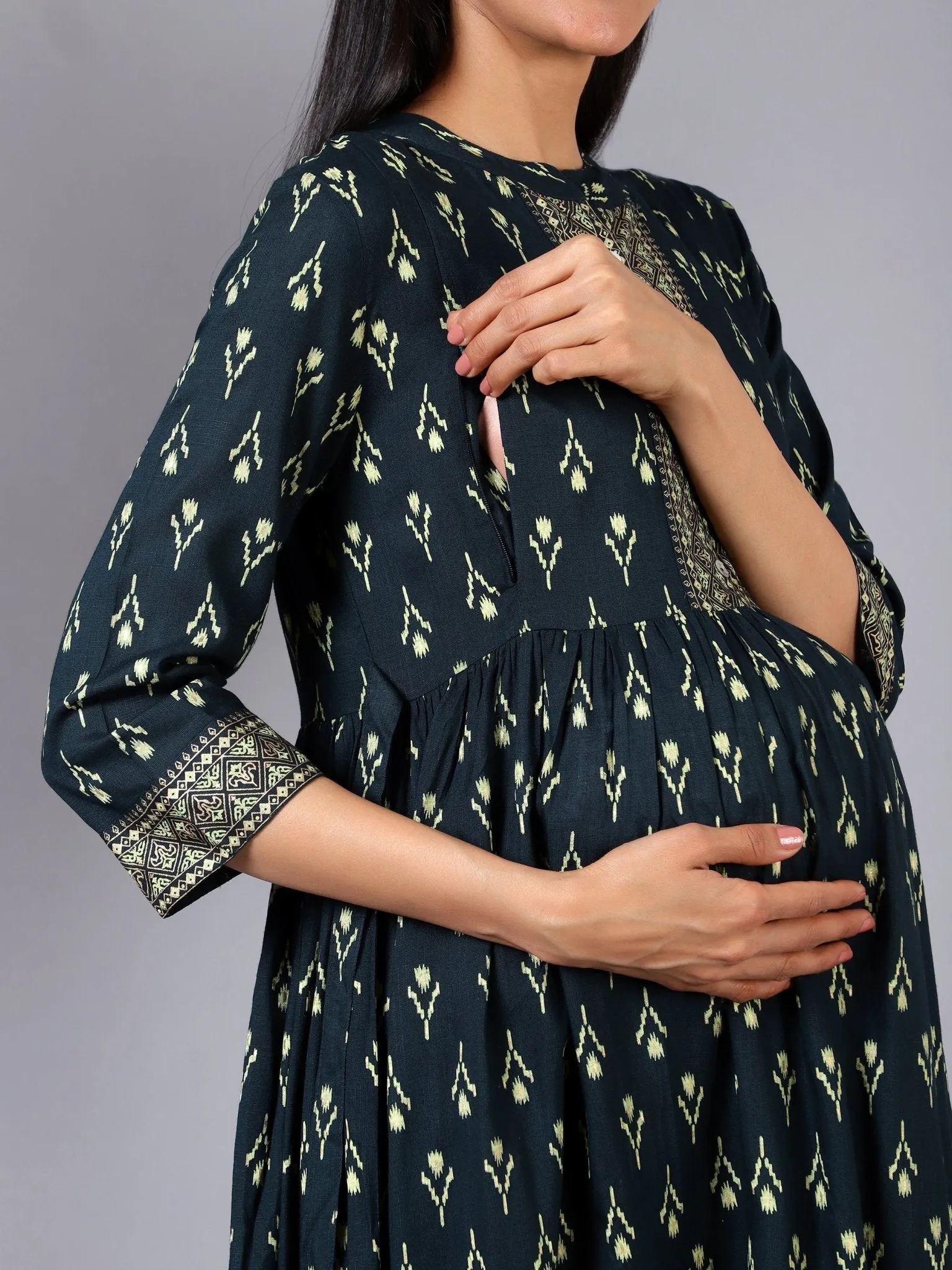 Evergreen Elegance Maternity Dress with Pocket