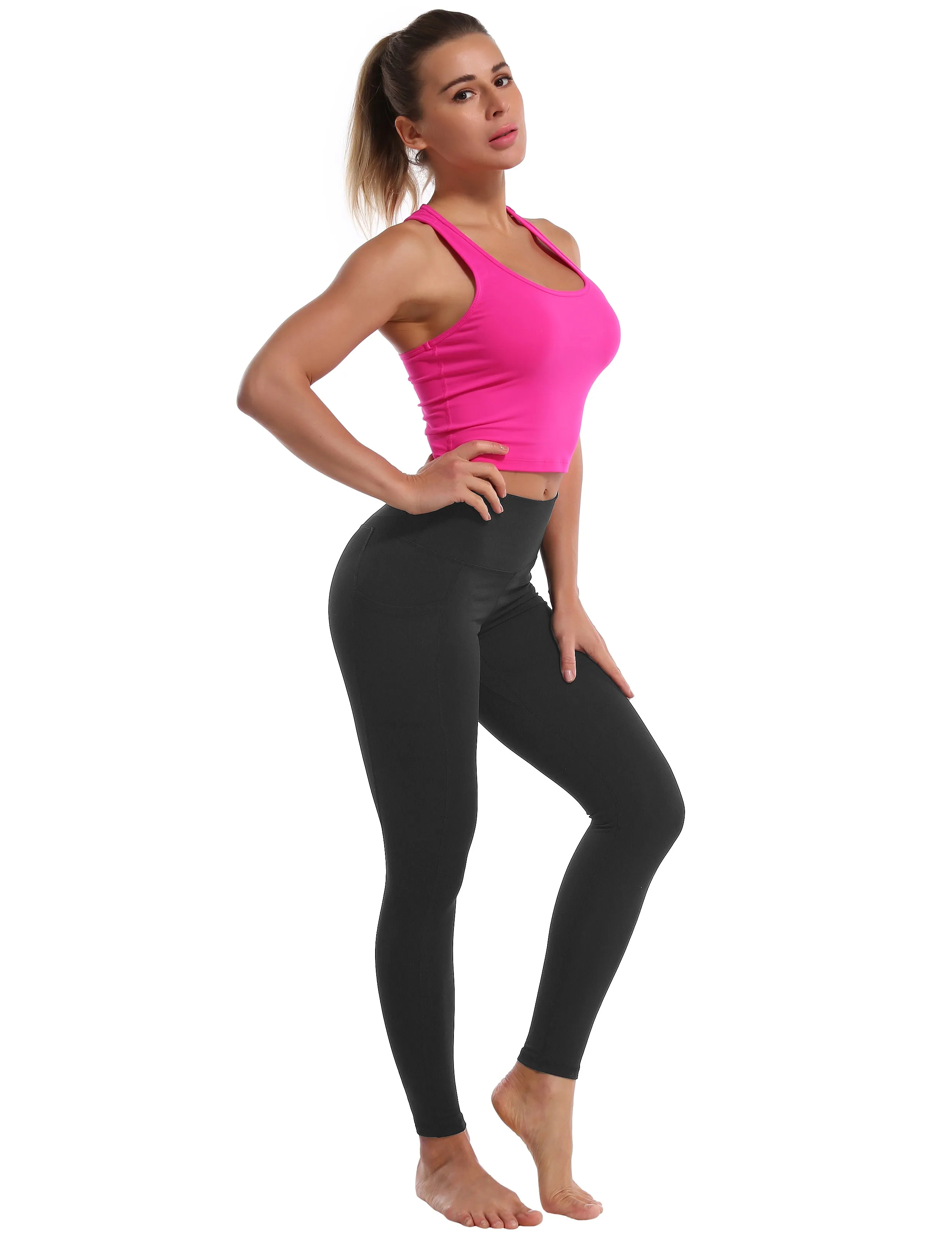 High Waisted Yoga Pants 7/8 Length Leggings with Pockets charcoalgrey