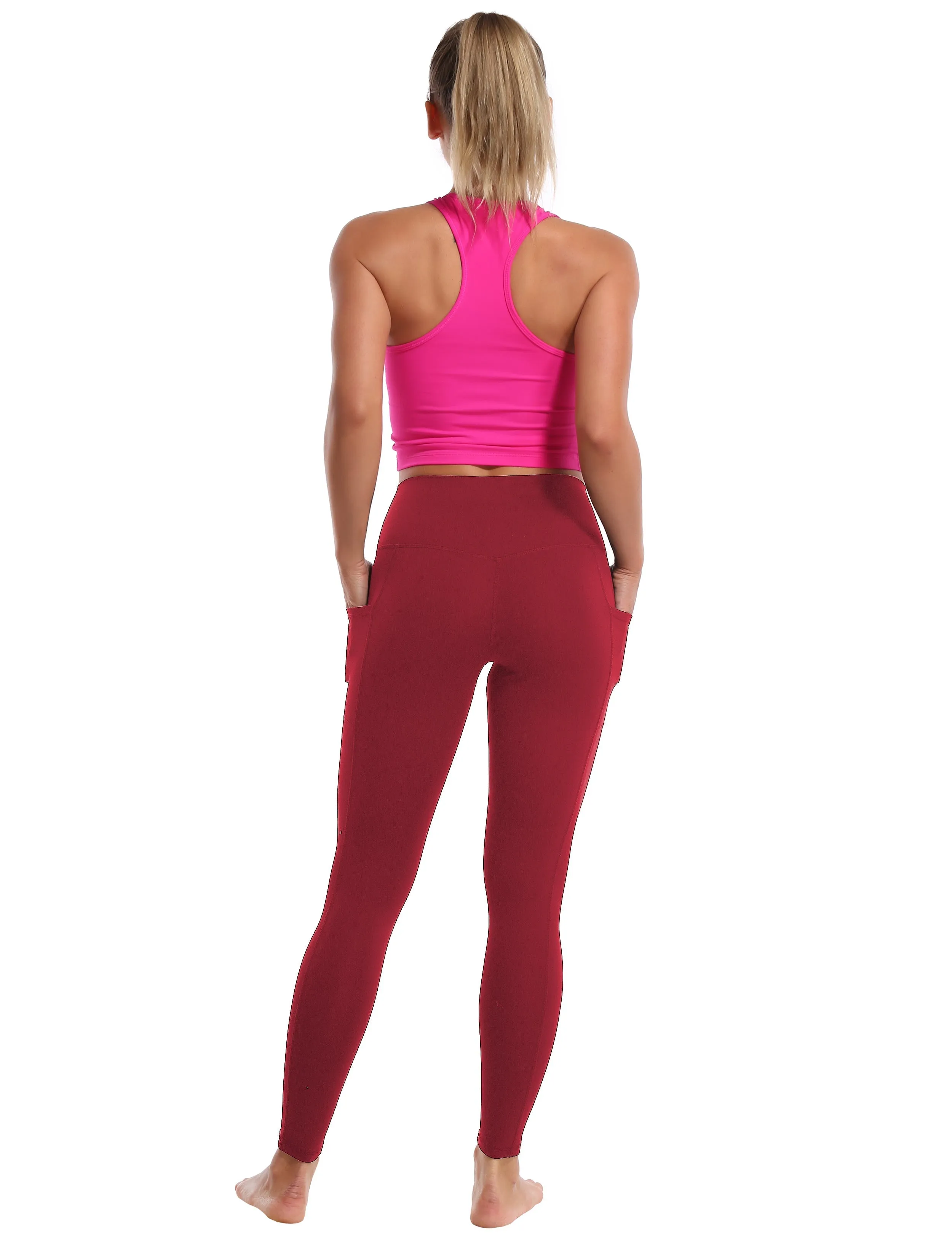 High Waisted yogastudio Pants 7/8 Length Leggings with Pockets red_yogastudio