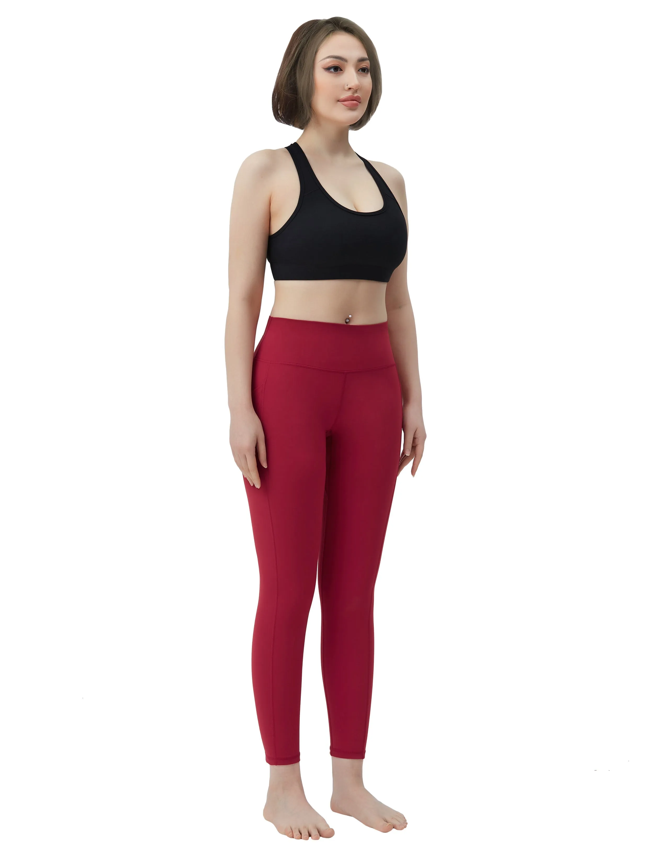 High Waisted yogastudio Pants 7/8 Length Leggings with Pockets red_yogastudio