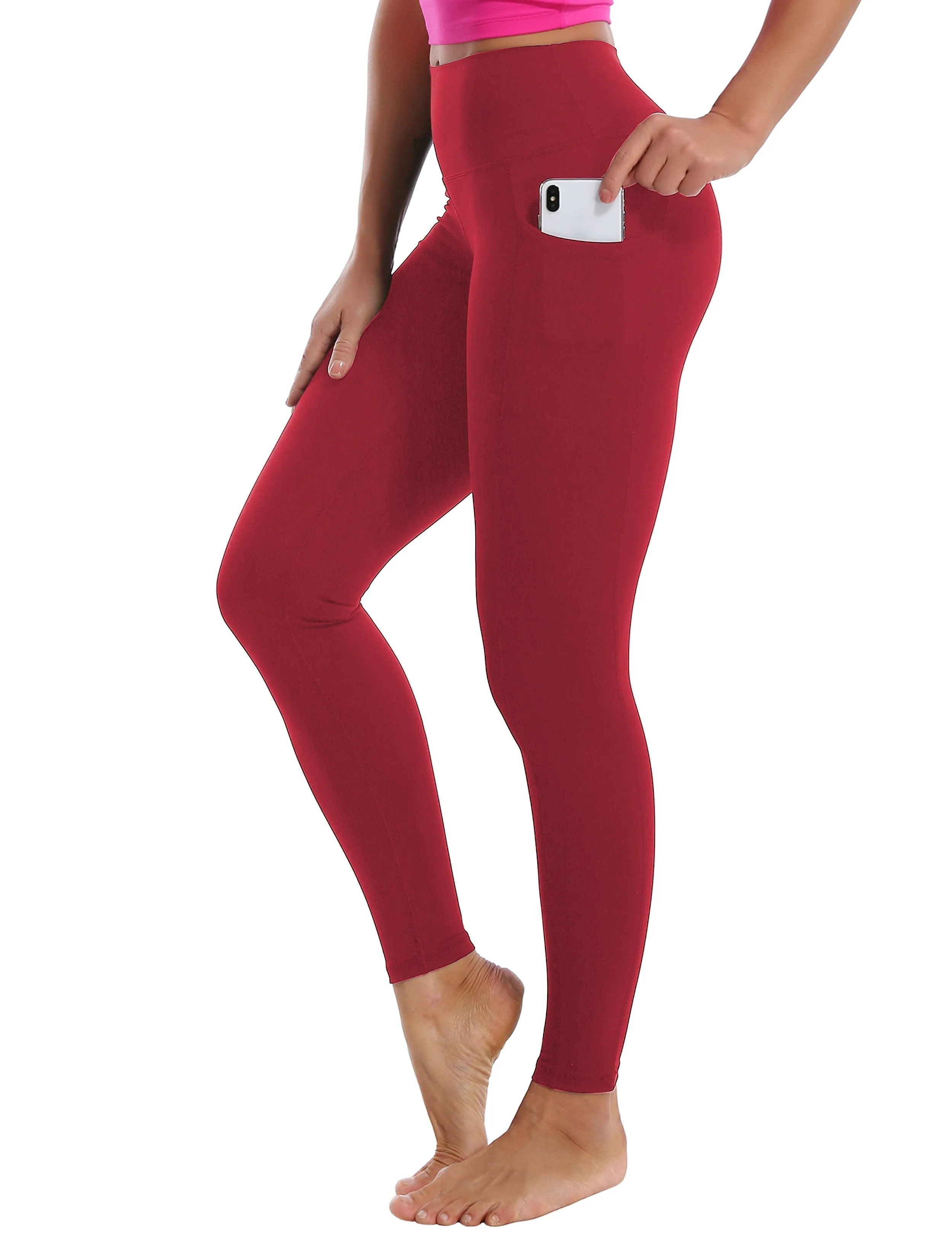 High Waisted yogastudio Pants 7/8 Length Leggings with Pockets red_yogastudio