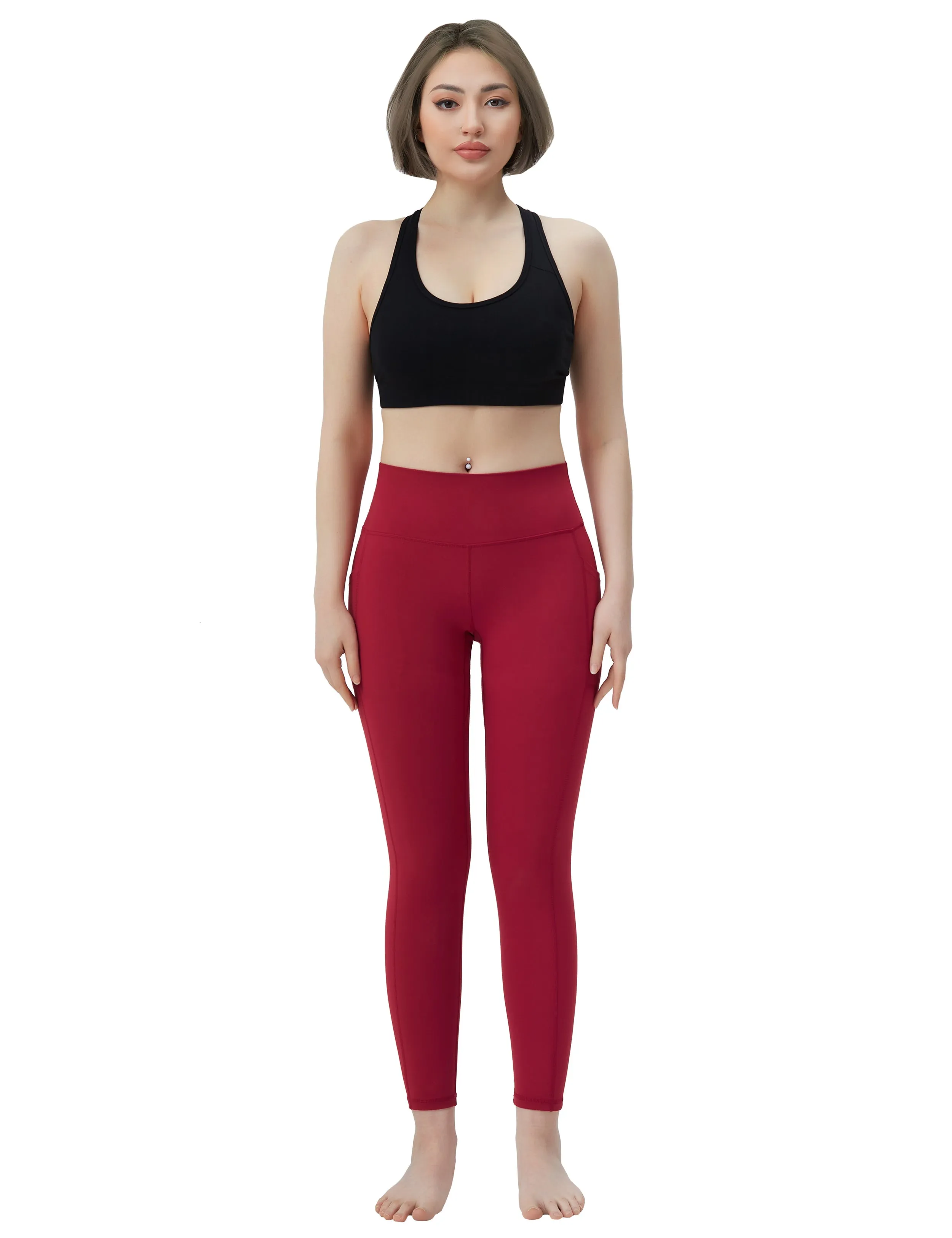 High Waisted yogastudio Pants 7/8 Length Leggings with Pockets red_yogastudio