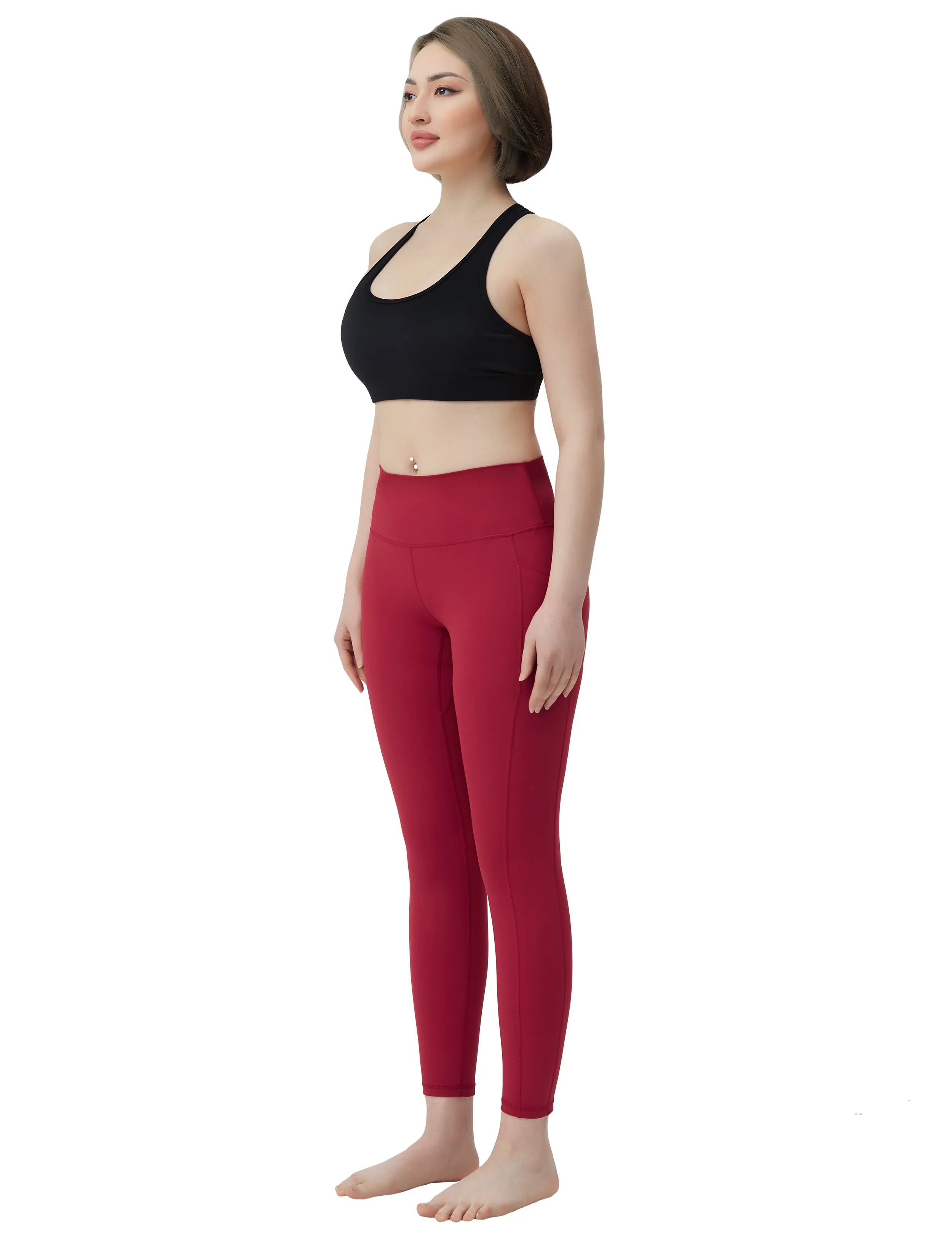 High Waisted yogastudio Pants 7/8 Length Leggings with Pockets red_yogastudio