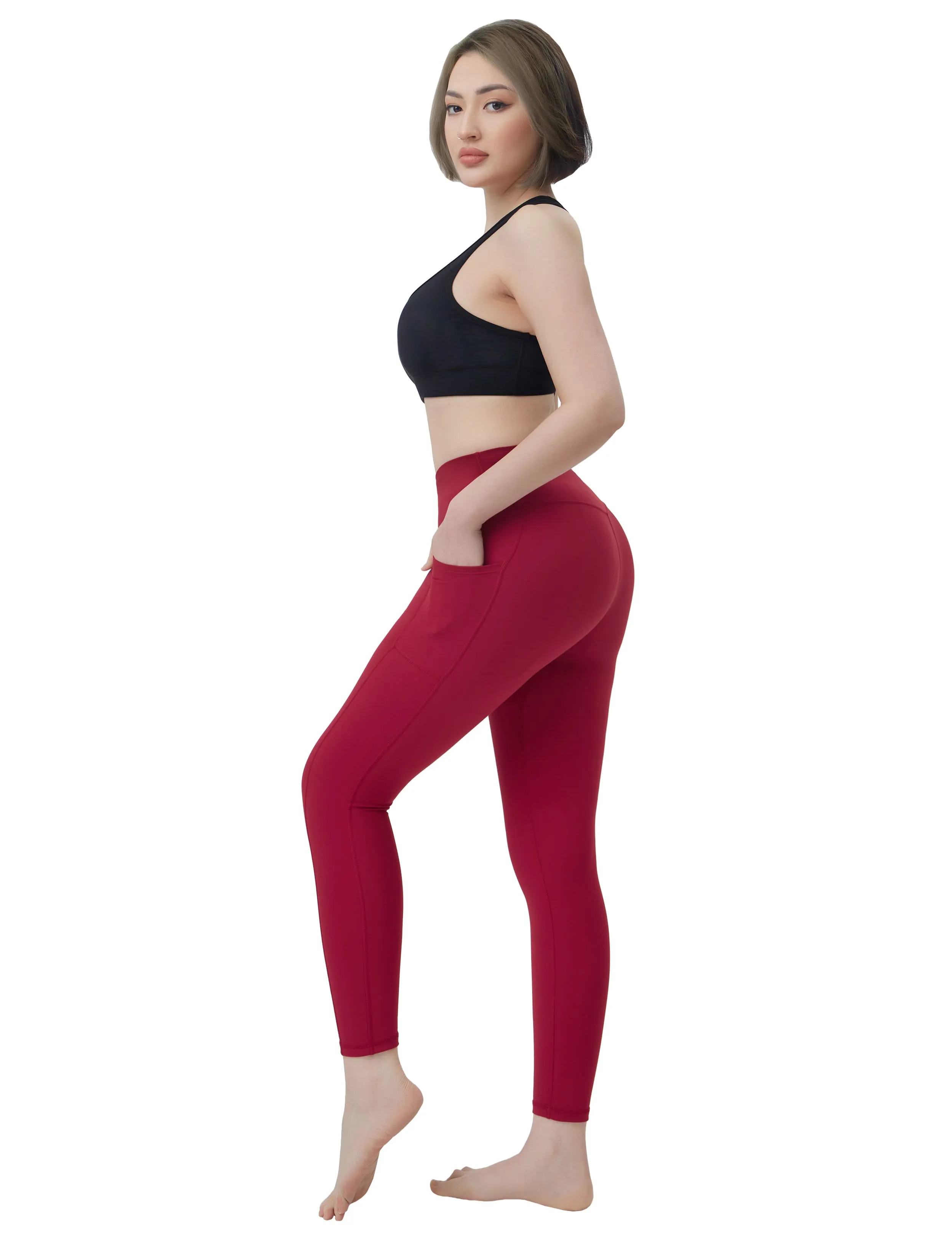 High Waisted yogastudio Pants 7/8 Length Leggings with Pockets red_yogastudio