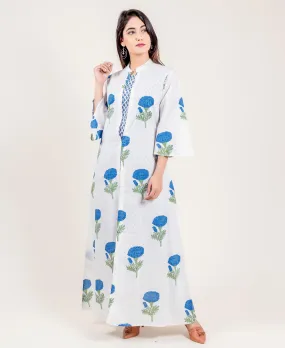 Jacketed Hand Block Printed White And Blue Cotton Lounge Wear