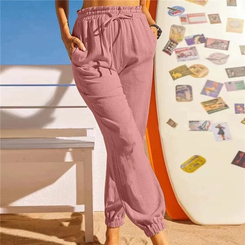 Linen Cotton Lotus Leaf Trousers Elastic Pants