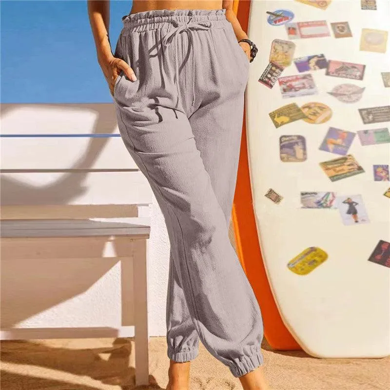 Linen Cotton Lotus Leaf Trousers Elastic Pants