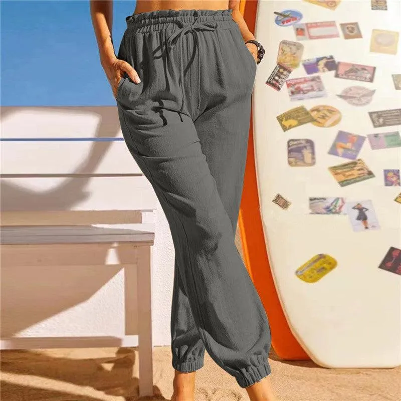 Linen Cotton Lotus Leaf Trousers Elastic Pants