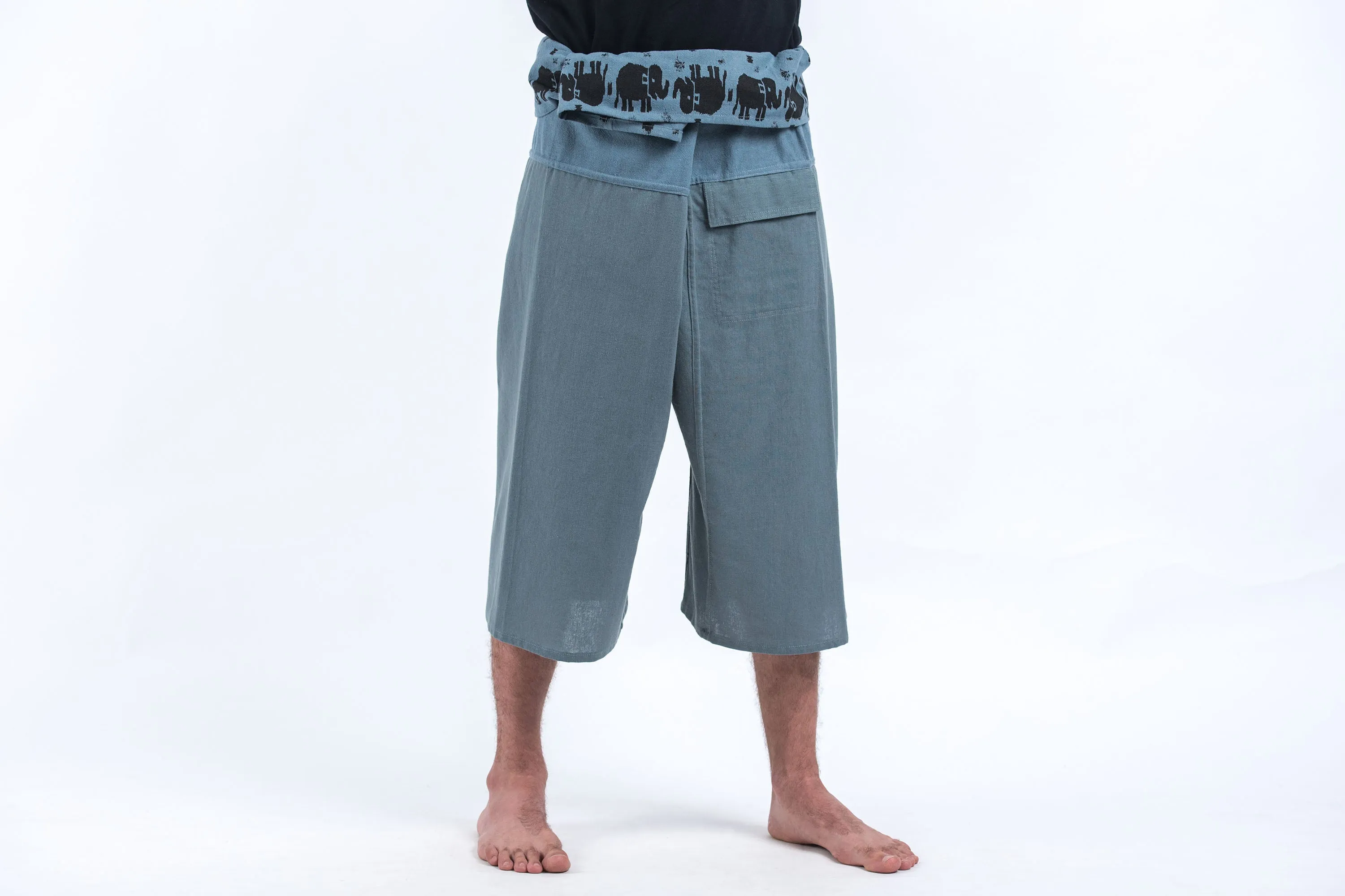 Men's Cropped Fisherman Pants with Pattern Waist Band in Blue Gray