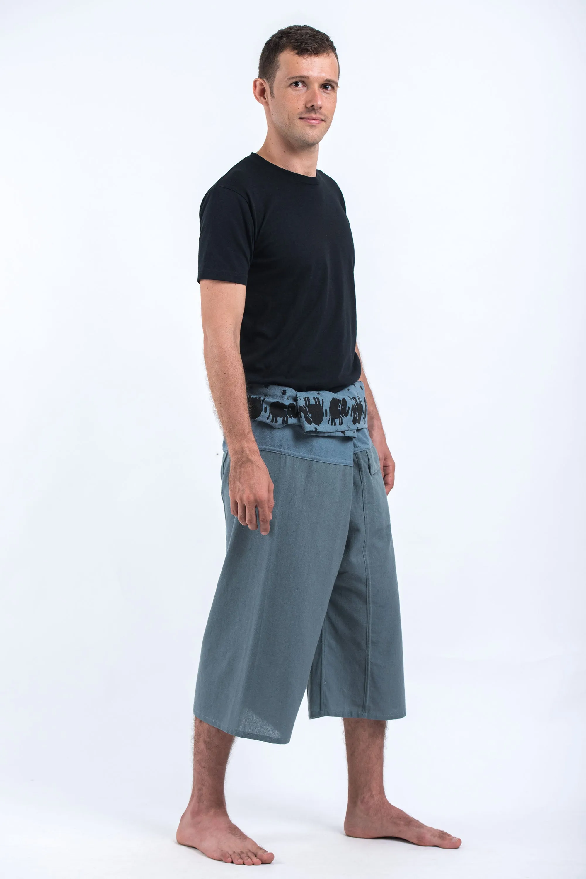 Men's Cropped Fisherman Pants with Pattern Waist Band in Blue Gray