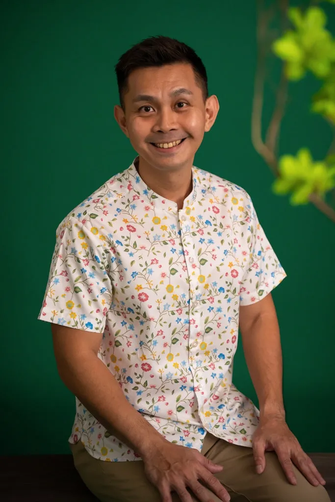 Men's Mandarin-collared Shirt - Peranakan Flowers