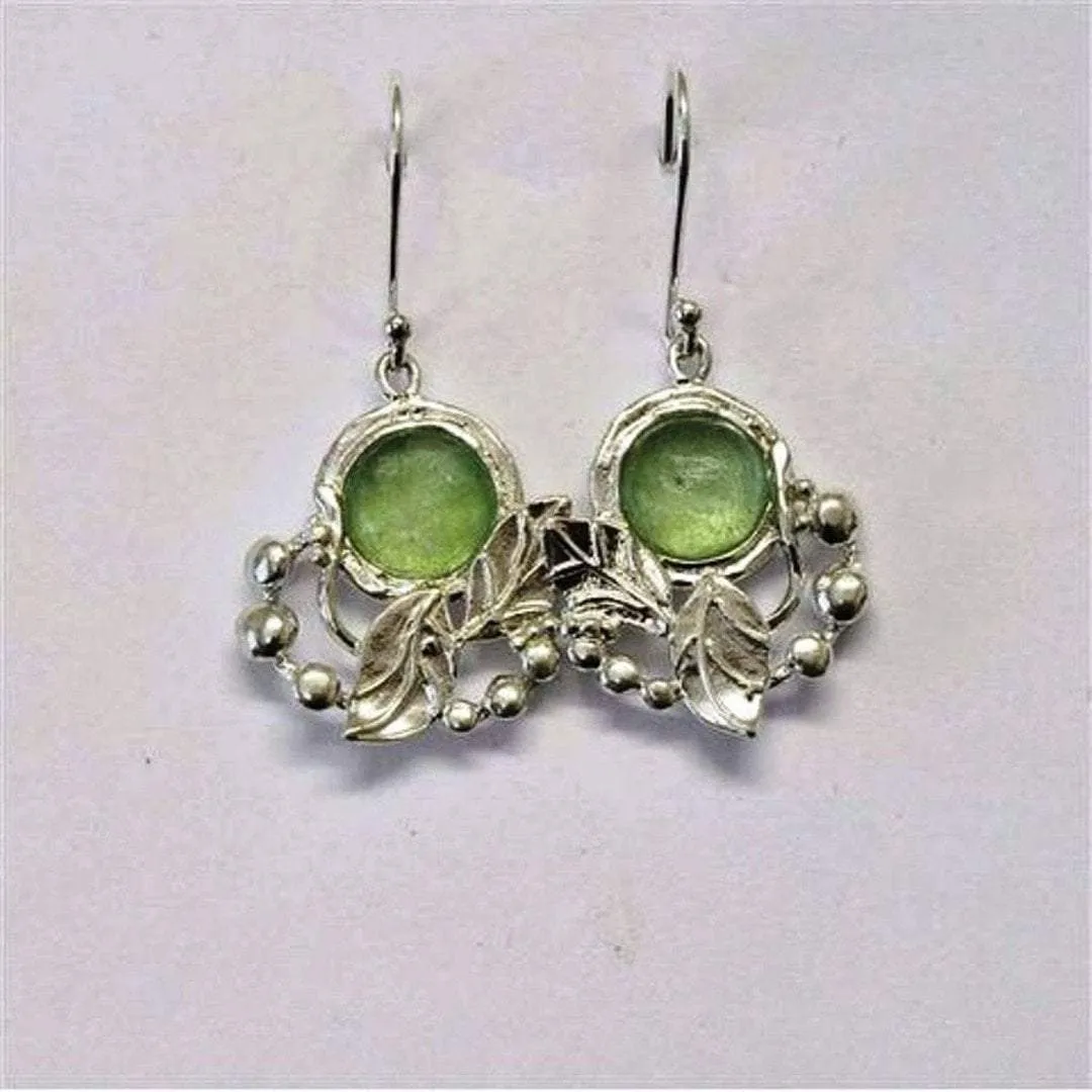 Roman glass earrings. Designer Sterling silver earrings set with roman glass