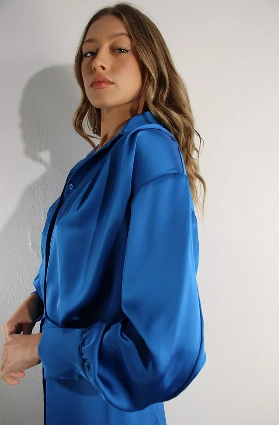 Royal Blue Satin Long Sleeve Top & Pants Set