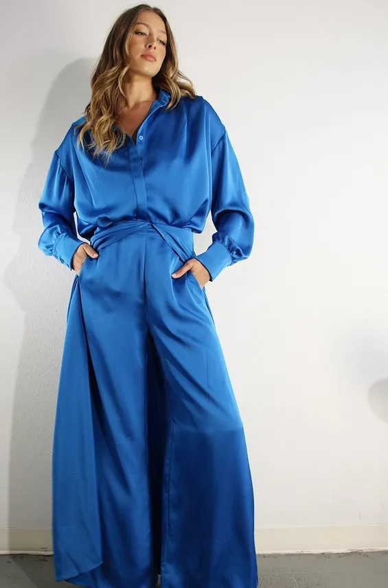 Royal Blue Satin Long Sleeve Top & Pants Set