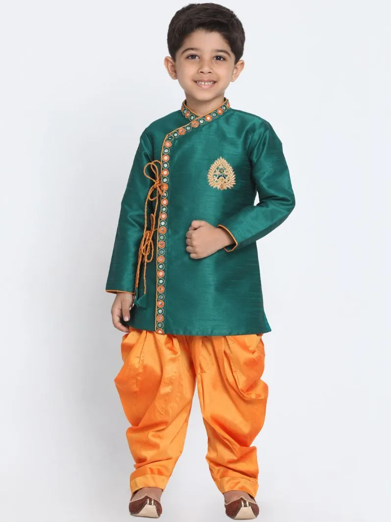 Vastramay Boy's Green Cotton Silk Blend Kurta and Dhoti Set