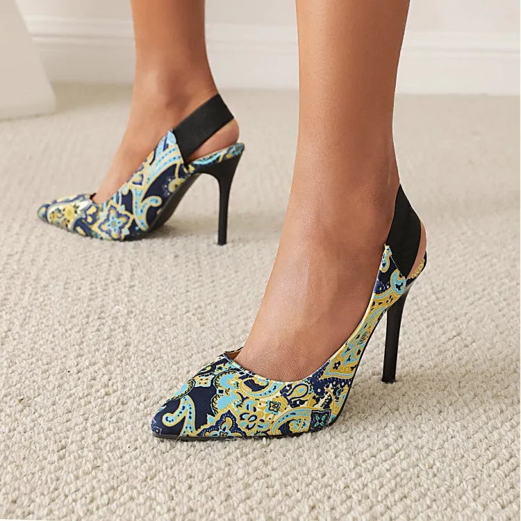 Women's Printed Pointed Toe Slingbacks Stiletto High Heels Sandals