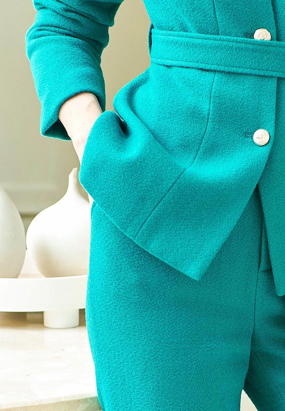 Wool Blend Aqua Collarless Blazer & Flare Pants Set