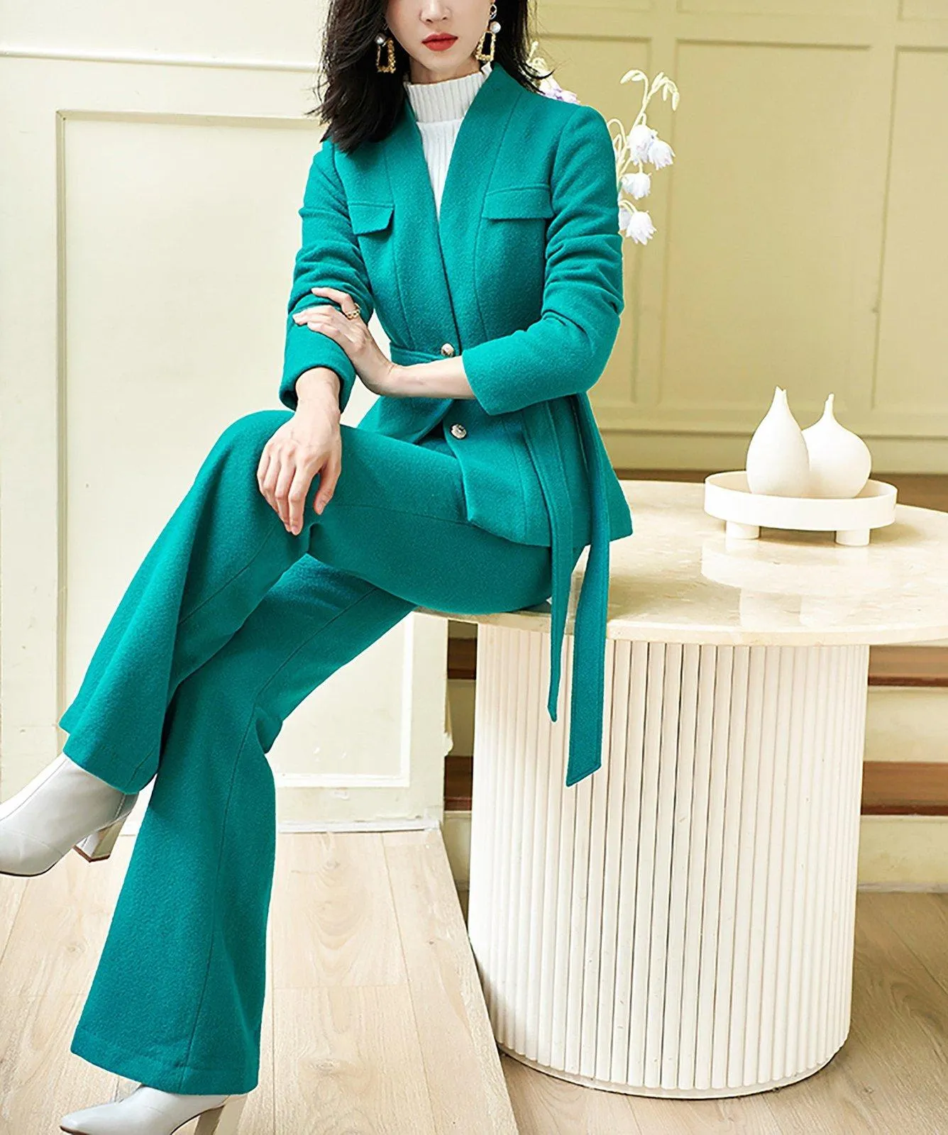 Wool Blend Aqua Collarless Blazer & Flare Pants Set