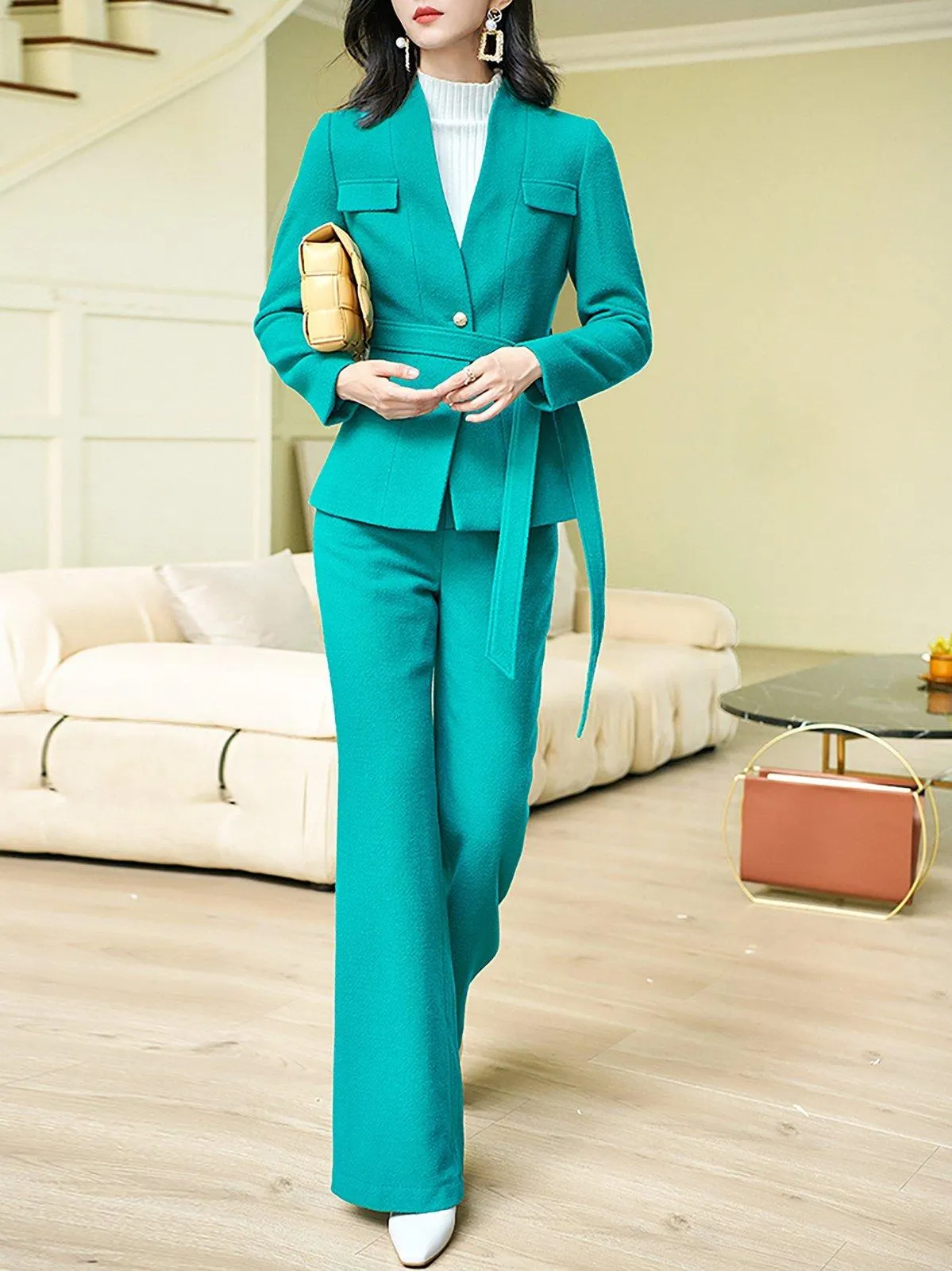 Wool Blend Aqua Collarless Blazer & Flare Pants Set